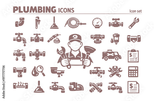 Plumbing Trade Icon Set Pipe Fitting Drain Snake Water Pressure Shut Off Valve Solder Joint Backflow Preventer Leak Detection Service Estimate Vector Illustration