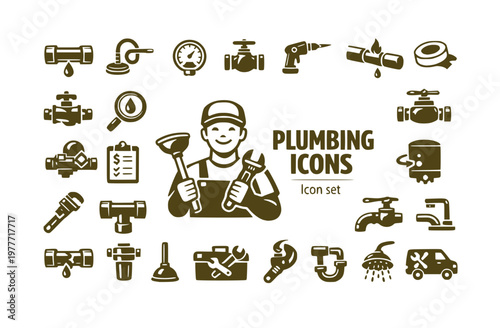 Plumbing Trade Icon Set Pipe Fitting Drain Snake Water Pressure Shut Off Valve Solder Joint Backflow Preventer Leak Detection Service Estimate Vector Illustration