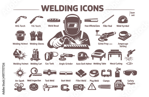 Welding Trade Icon Set MIG Weld TIG Torch Weld Bead Heat Affected Zone Filler Rod Weld Symbol Grind Prep Amperage Setting Fabrication Vector Illustration