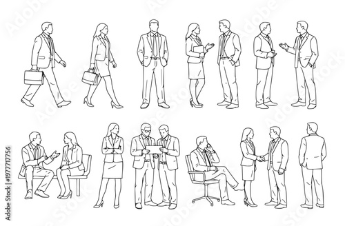 CAD Drawings. Set business people outlines isolated on white background. Walking, standing, talking etc. Vector illustration.
