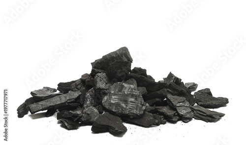 Foto Black charcoal pile isolated on white background, side view, design element