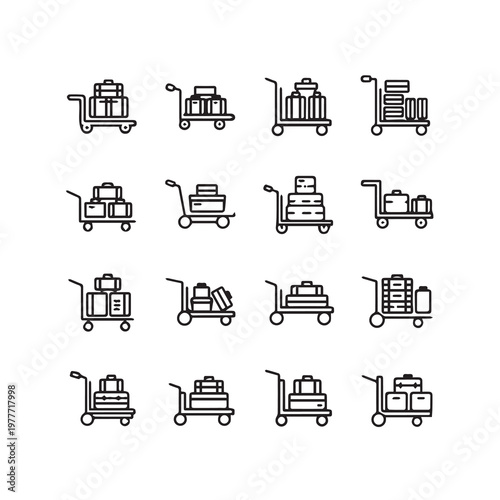 Luggage Trolley Icons Set in a Grid Arrangement with Clean Line Art Style