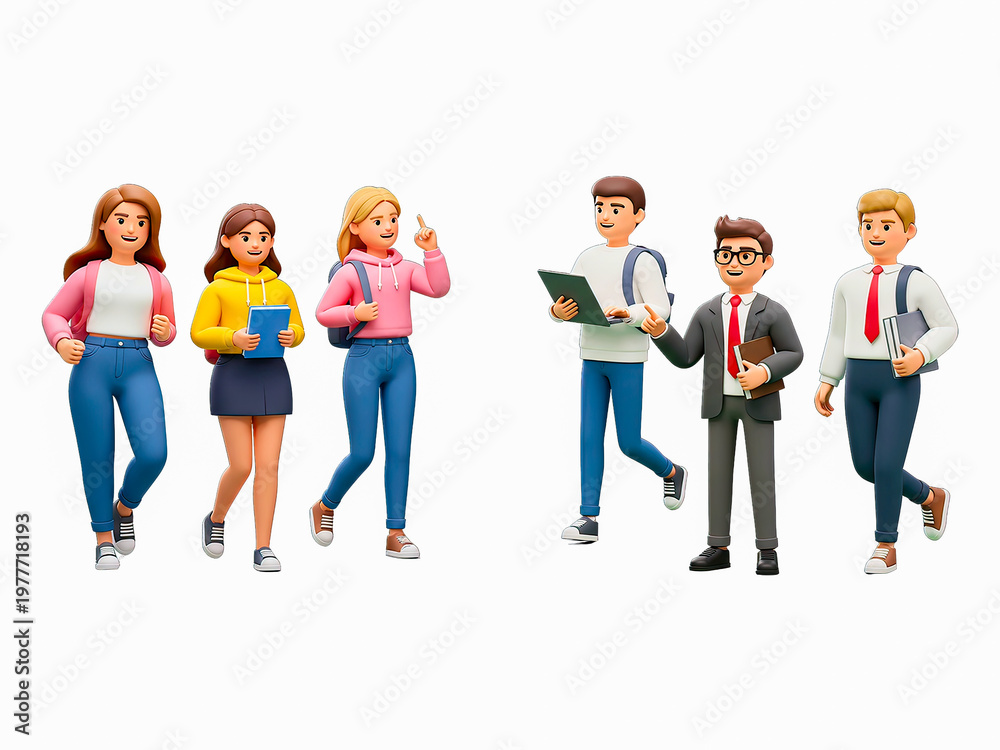 Fototapeta premium Group of cheerful students and business professionals walking together in this animated 3d character design motion video