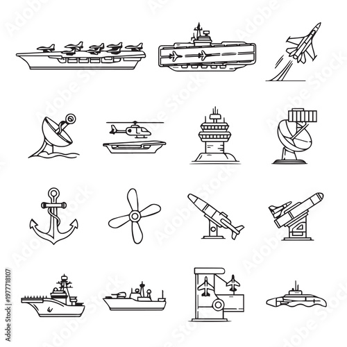 Naval military fleet and aviation icons with aircraft carrier and submarine set