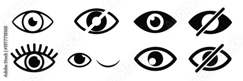 Eye, icon set featuring visible and invisible password symbols, show and hide password concept, modern flat vector illustration collection for apps, websites, and digital interface design