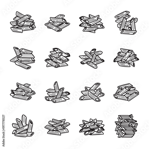 Penne pasta piles in a clean grid layout with a white background for culinary projects
