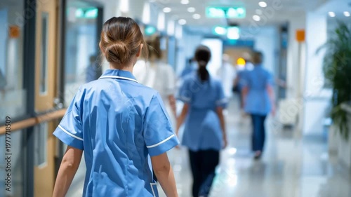 Nurses walk down a hospital hallway to attend to patients after shifts in a busy healthcare environment