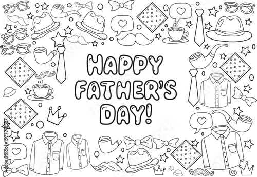 Happy Fathers Day doodle with hats ties and pipes greeting