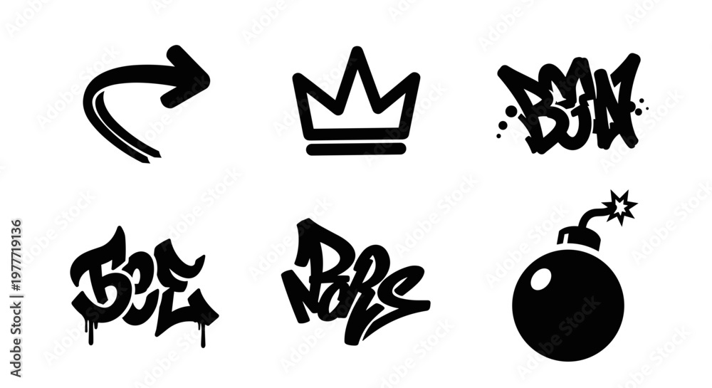 Fototapeta premium A set of six graffiti style vector icons on transparent background
