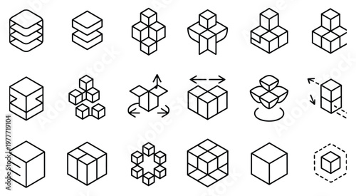 Isometric, cube vector icon collection with modular 3D block and geometric structure symbols, representing spatial design, construction systems, and abstract volume concepts, clean modern isometric st