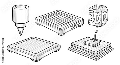 A set of 3D printing tools and components on transparent background