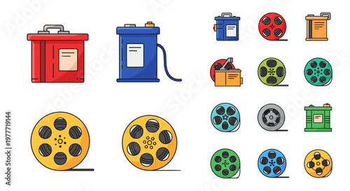 A colorful vector graphic illustration of film reels and cameras on transparent background