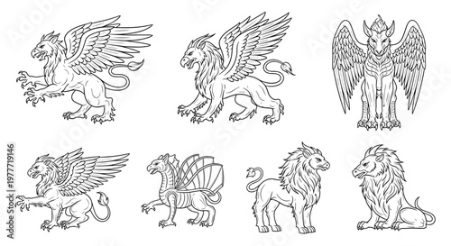 A set of seven mythical lion and eagle creatures in a minimalist line art style on transparent background