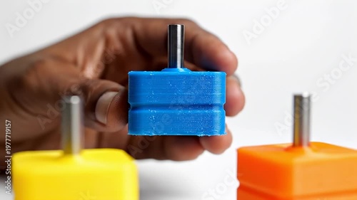 Wallpaper Mural Hand holding blue 3D printed object with metal rod Torontodigital.ca