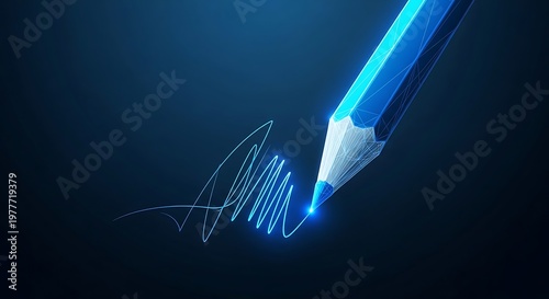 A glowing, stylized blue pencil draws a vibrant, connected scribble against a dark background