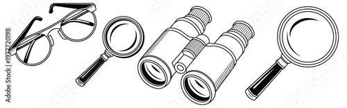 Magnifying, loupe vector icon collection with assorted inspection and examination symbols, representing detail viewing, research, and analysis tools, clean modern flat design