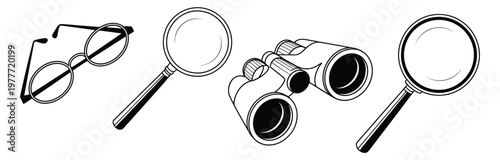 Magnifying, glass and loupe icon set featuring detailed inspection and examination tools, modern vector illustration collection for analysis, research, apps, websites, and digital design