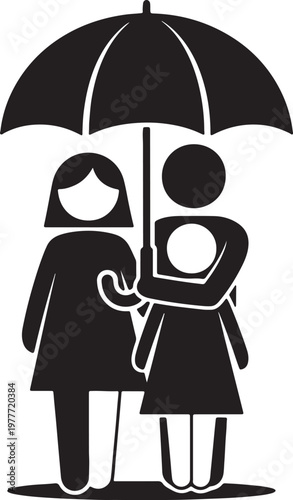 Two figures sharing umbrella, providing protection and support icon