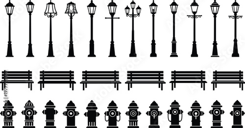 Black silhouette vector icons set of vintage street lamp posts, outdoor park wooden benches, and city fire hydrants isolated on white background