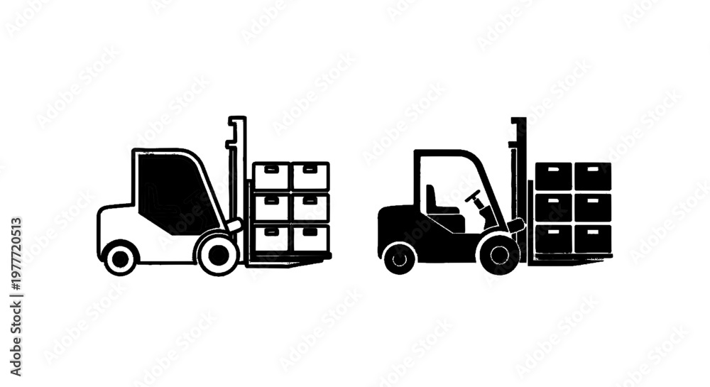 Naklejka premium Vector illustration of forklift truck with boxes icon set, industrial warehouse vehicle on a transparent background