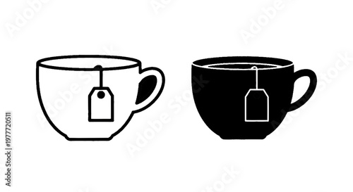 Vector illustration of set of tea cup icons with tea bags in outline and solid styles on a transparent background