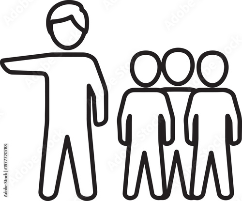 Person pointing direction to group icon with pointing, guidance