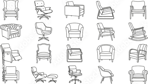 Set of modern and classic armchair line art illustrations including mid century lounge chairs rocking chairs and office seating for interior design home decor catalogs