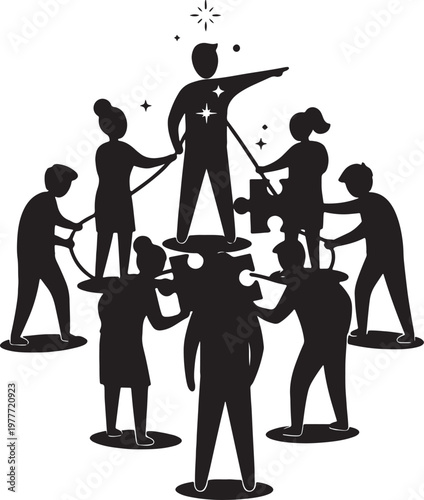 Diverse team connecting puzzle pieces silhouette concept with teamwork