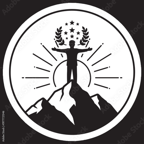 Person standing on mountain peak success and achievement icon
