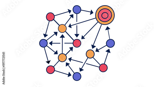 Backlink strategy vector icon illustration of a digital marketing network with interconnected nodes and arrows for SEO optimization, link building, data flow visualization, and web connectivity.