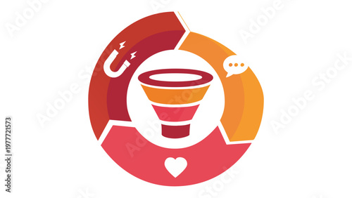 Professional vector illustration of a digital marketing conversion funnel icon with magnet, speech bubble, and heart symbols in a circular flow, representing customer journey and inbound sales.