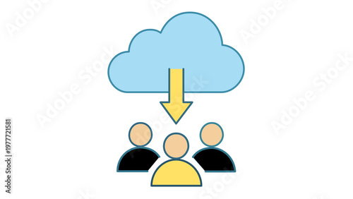 Digital Outreach Vector Icon Illustration Featuring a Cloud with a Downward Arrow Pointing to a Group of People, Representing Cloud Computing, Data Distribution, and Online Audience Engagement.
