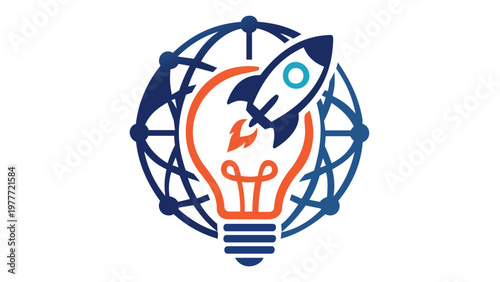 Vector illustration of a rocket ship launching from a lightbulb inside a global network grid, representing startup innovation, digital marketing, creative ideas, and global business technology.