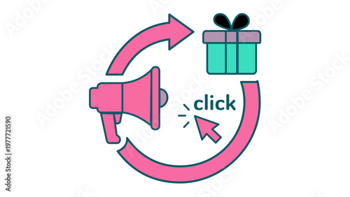 Digital marketing and referral program vector icon illustration featuring a megaphone, gift box, and click cursor in a circular arrow flow, ideal for business promotion and reward strategies.