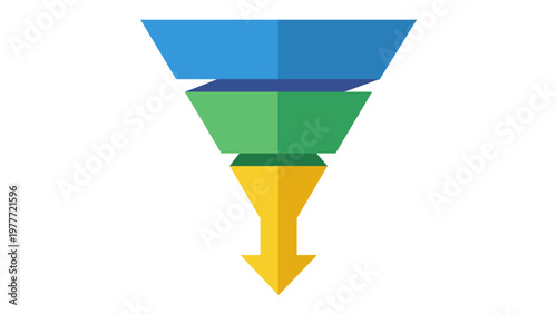 Three-stage marketing funnel vector icon with downward arrow for sales conversion and lead generation. Minimalist flat illustration for digital marketing strategy and business analytics.