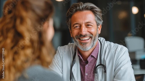 Doctor talks with patient in clinic during morning appointment and shares smiles and laughs for better health understanding