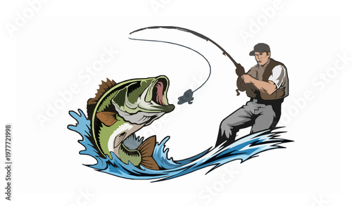 Photos Fisherman Catching Largemouth Bass Sport Fishing Vector Illustration