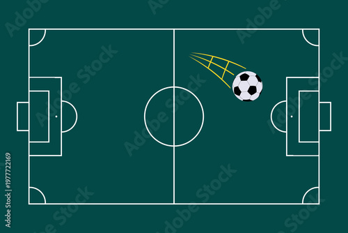 Detailed illustration of a football field with markings, green grass, and a flying ball. Vector illustration.