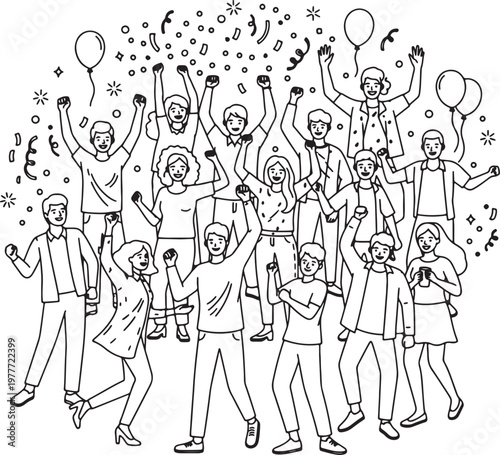 Large group of happy people cheering and celebrating with confetti