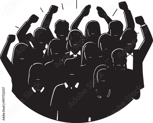 Crowd silhouette of people with raised fists during protest or rally