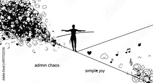Man balancing on tightrope between chaos and happiness