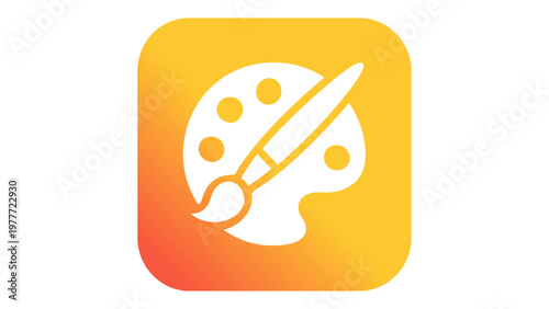 Vibrant app testing icon vector illustration featuring a white paint palette and brush symbol on a smooth orange to yellow gradient rounded square background for mobile software design.