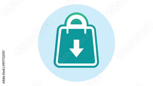 Professional vector icon illustration of a green gradient shopping bag with a download arrow on a light blue circular background, ideal for mobile app store, digital marketplace, and software web.