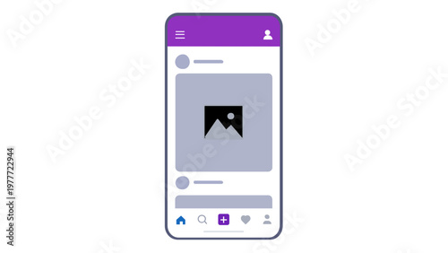 Minimalist vector illustration of a smartphone showing a social media app interface with a news feed, profile icons, and navigation menu, ideal for mobile UI/UX design and app development.