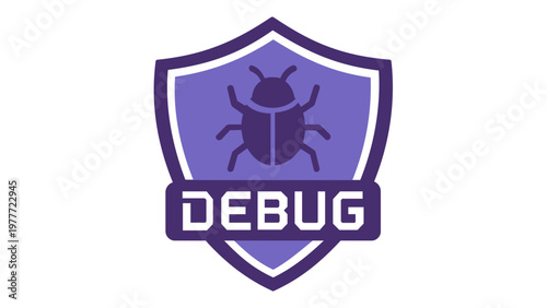 Purple shield debug vector icon illustration for software development and application testing, featuring a bug symbol and text, representing cybersecurity, error fixing, and coding maintenance.