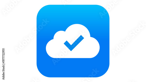 Cloud computing app testing vector icon illustration featuring a white cloud with a blue checkmark inside a rounded blue square, symbolizing successful data storage, verification, and sync status.