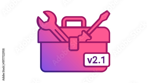 Vibrant purple and pink gradient vector illustration of a professional toolbox icon with a wrench and screwdriver, including a version 2.1 label, perfect for app development and software tools.