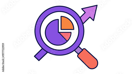 Scalable vector icon illustration of a magnifying glass with a pie chart and upward growth arrow, symbolizing data analysis, market research, business analytics, and SEO for app development.