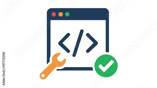Flat vector icon illustration of a web browser window with code brackets, a wrench tool, and a green checkmark, symbolizing app development, website maintenance, and successful software coding.