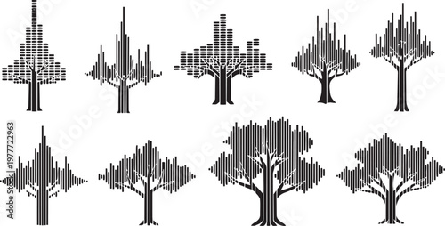 Set of abstract trees created with sound wave equalizer bars, vector illustration